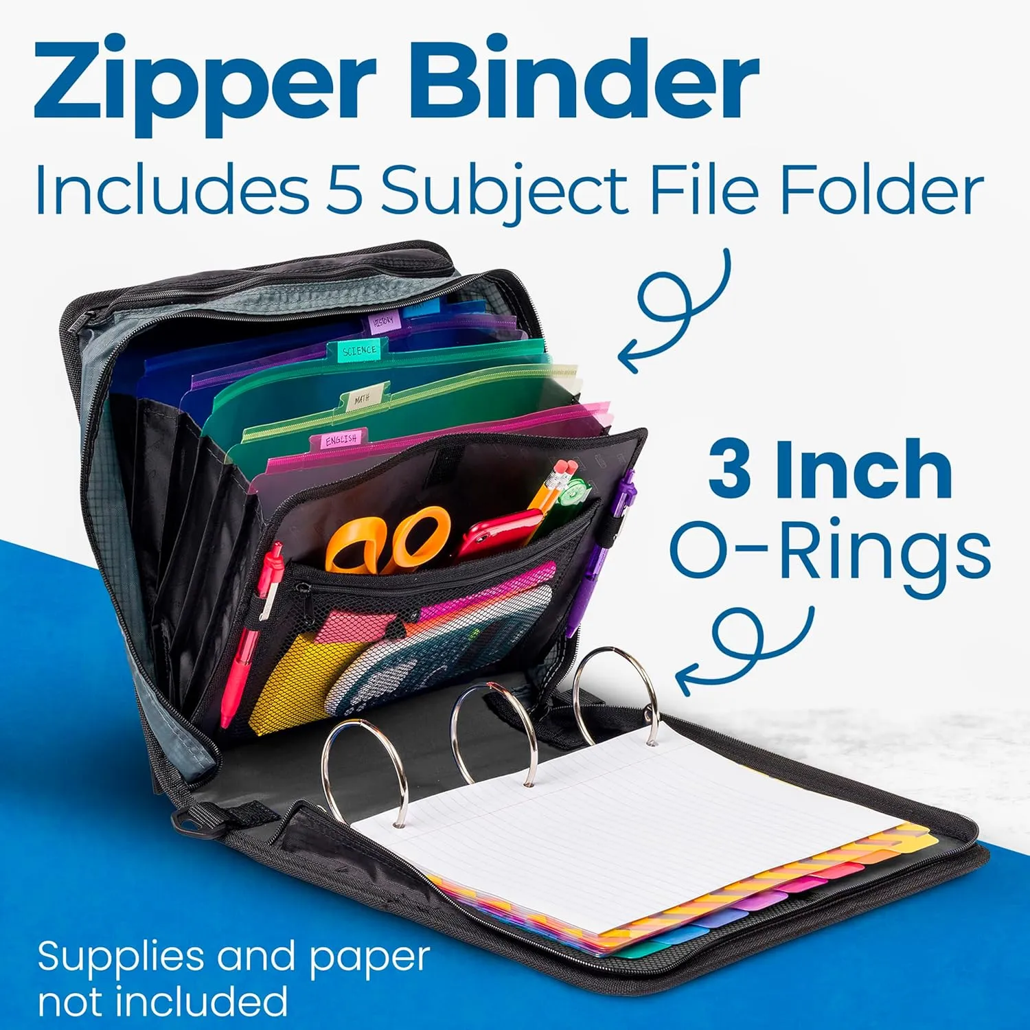 Case-it Mighty Zip Tab Zipper Binder, 3" O-Ring with 5-Color tabs, Expanding File Folder and Shoulder Strap and Handle, D-146-JBK Jet Black