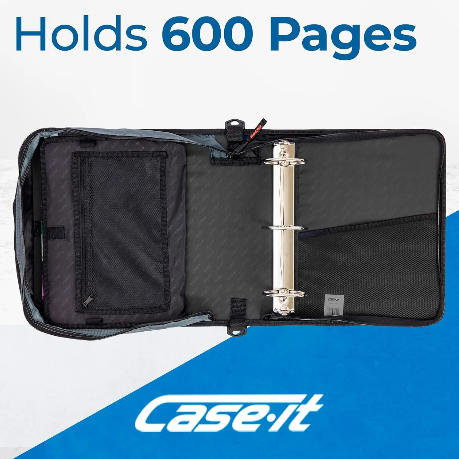 Case-it Mighty Zip Tab Zipper Binder, 3" O-Ring with 5-Color tabs, Expanding File Folder and Shoulder Strap and Handle, D-146-JBK Jet Black