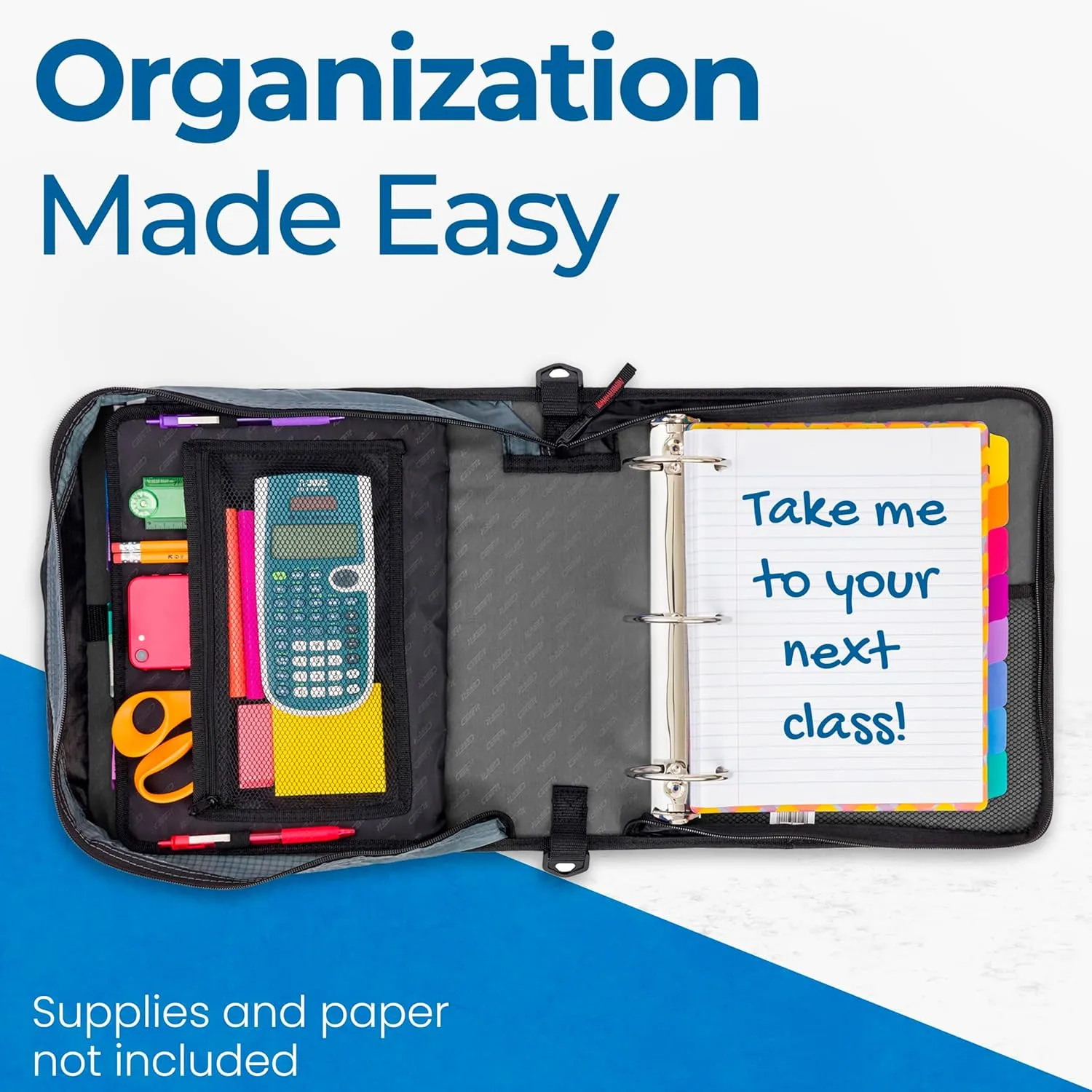 Case-it Mighty Zip Tab Zipper Binder, 3" O-Ring with 5-Color tabs, Expanding File Folder and Shoulder Strap and Handle, D-146-JBK Jet Black