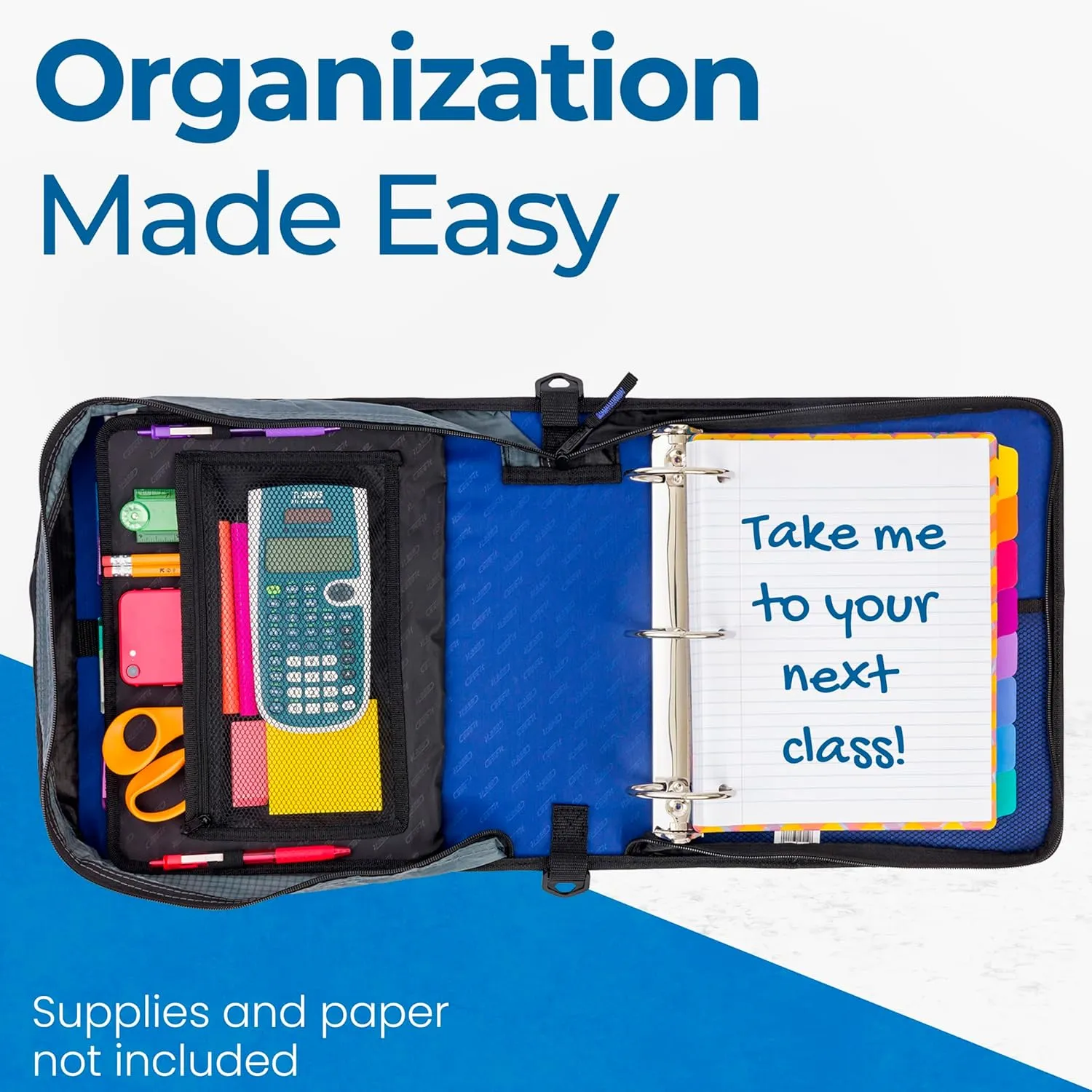 Case-it Mighty Zip Tab Zipper Binder, 3" O-Ring with 5-Color tabs, Expanding File Folder and Shoulder Strap and Handle, D-146- Midnight Blue