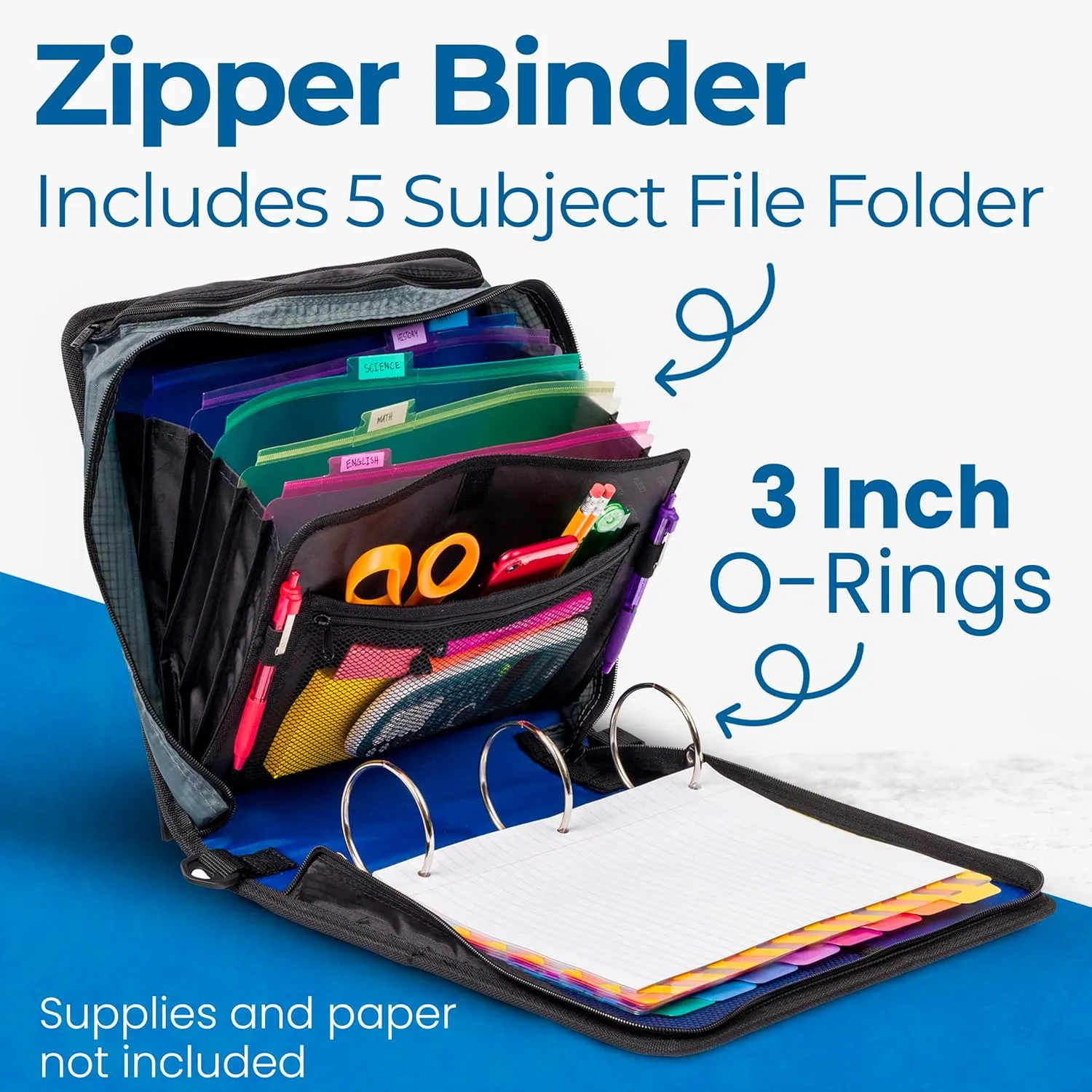 Case-it Mighty Zip Tab Zipper Binder, 3" O-Ring with 5-Color tabs, Expanding File Folder and Shoulder Strap and Handle, D-146- Midnight Blue