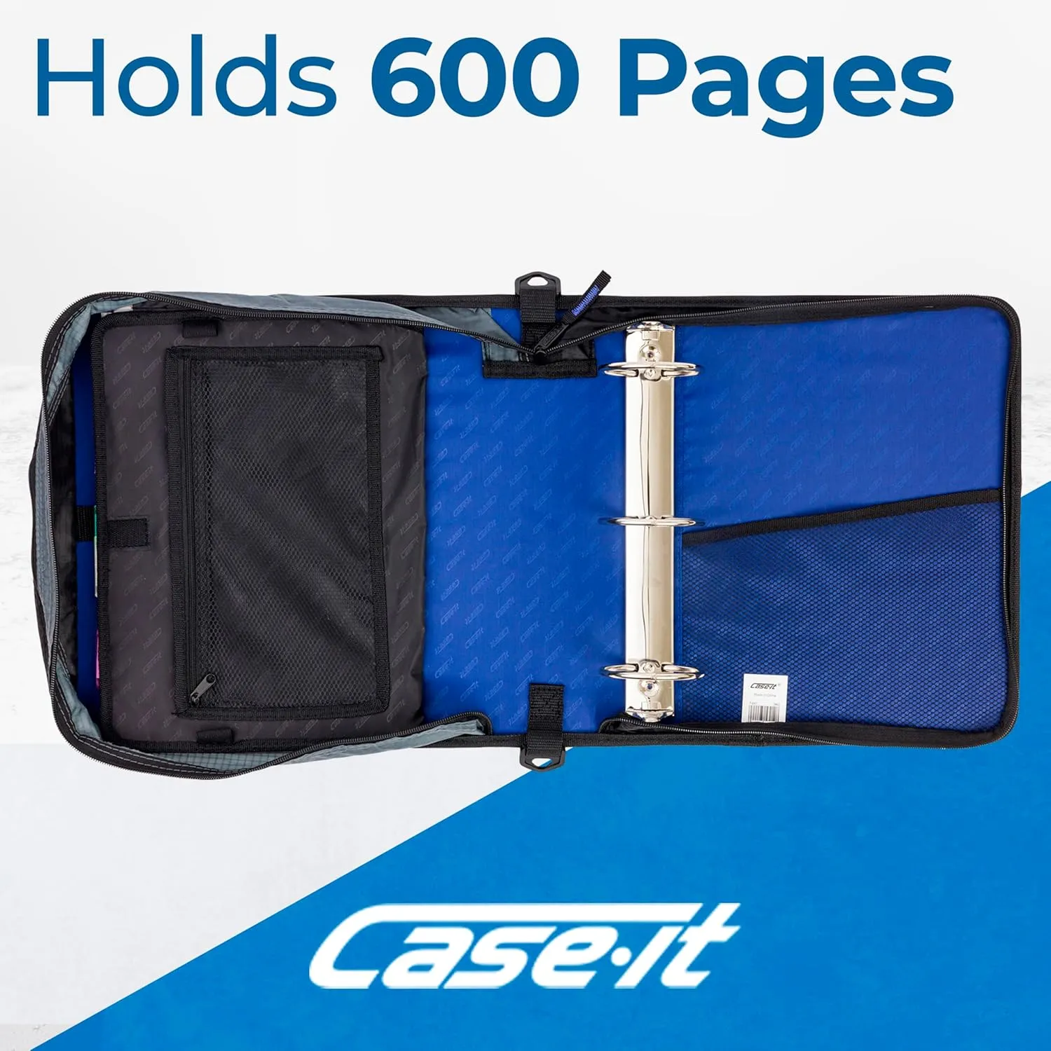 Case-it Mighty Zip Tab Zipper Binder, 3" O-Ring with 5-Color tabs, Expanding File Folder and Shoulder Strap and Handle, D-146- Midnight Blue