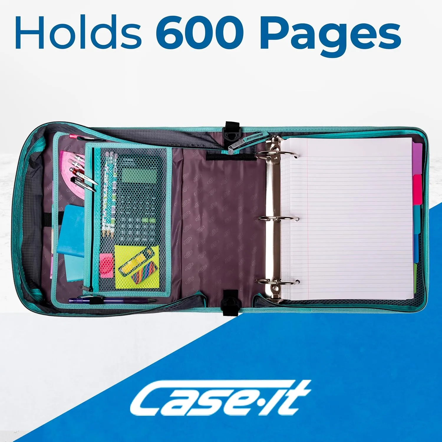 Case-it The Mighty Zip Tab Zipper Binder - 3 Inch O-Rings - 5 Color Tab Expanding File Folder - Multiple Pockets - 600 Sheet Capacity - Comes with Shoulder Strap - Aqua Iridescent Pastel D-146-P