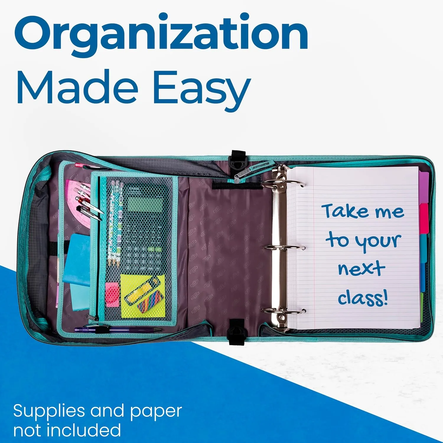 Case-it The Mighty Zip Tab Zipper Binder - 3 Inch O-Rings - 5 Color Tab Expanding File Folder - Multiple Pockets - 600 Sheet Capacity - Comes with Shoulder Strap - Aqua Iridescent Pastel D-146-P