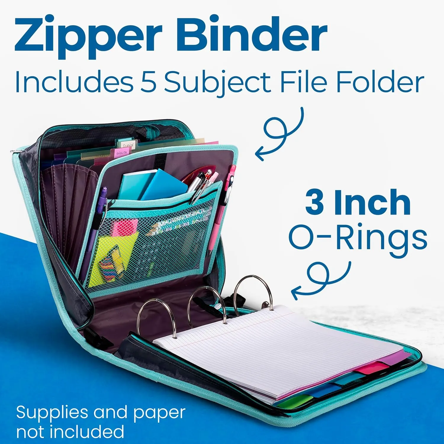 Case-it The Mighty Zip Tab Zipper Binder - 3 Inch O-Rings - 5 Color Tab Expanding File Folder - Multiple Pockets - 600 Sheet Capacity - Comes with Shoulder Strap - Aqua Iridescent Pastel D-146-P