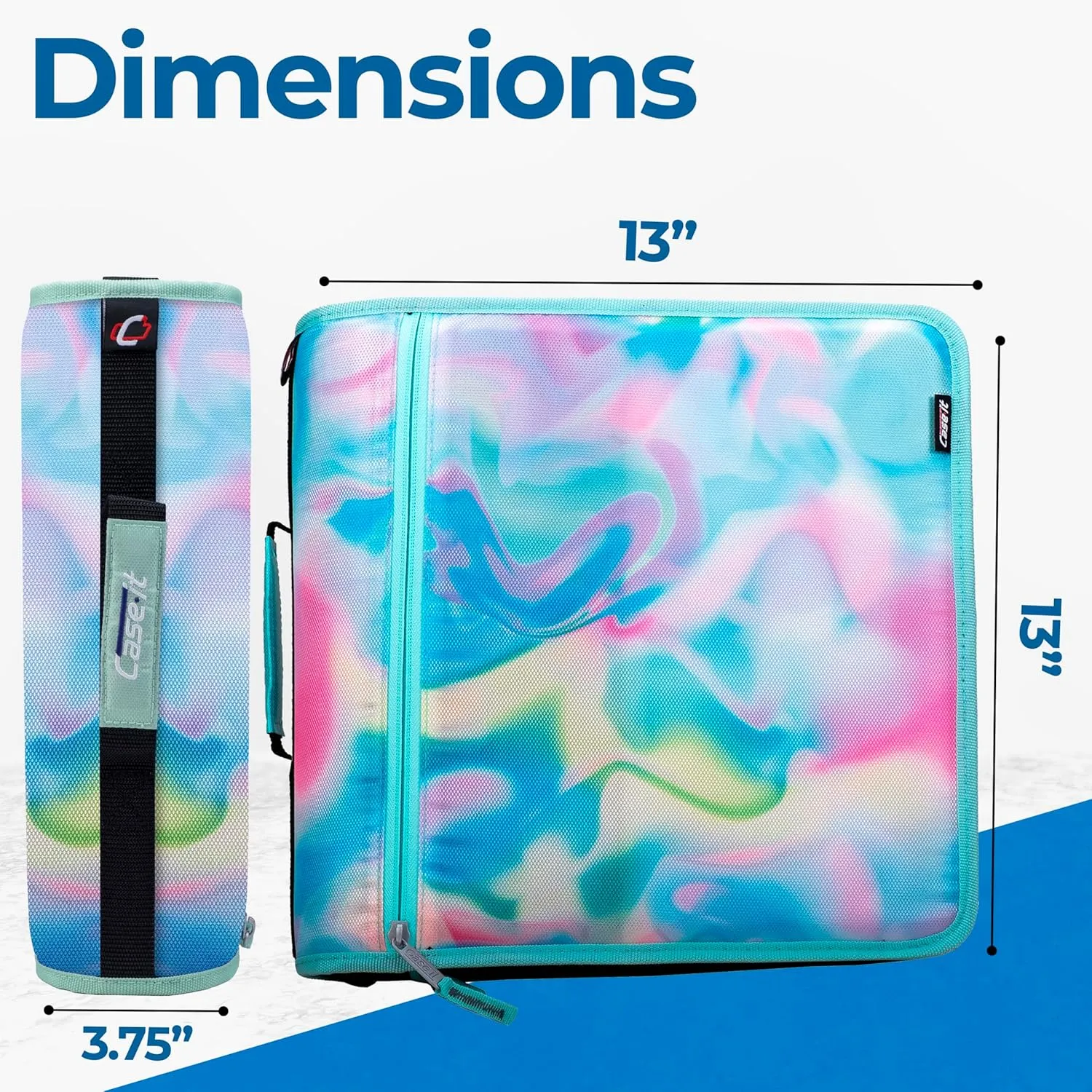 Case-it The Mighty Zip Tab Zipper Binder - 3 Inch O-Rings - 5 Color Tab Expanding File Folder - Multiple Pockets - 600 Sheet Capacity - Comes with Shoulder Strap - Aqua Iridescent Pastel D-146-P