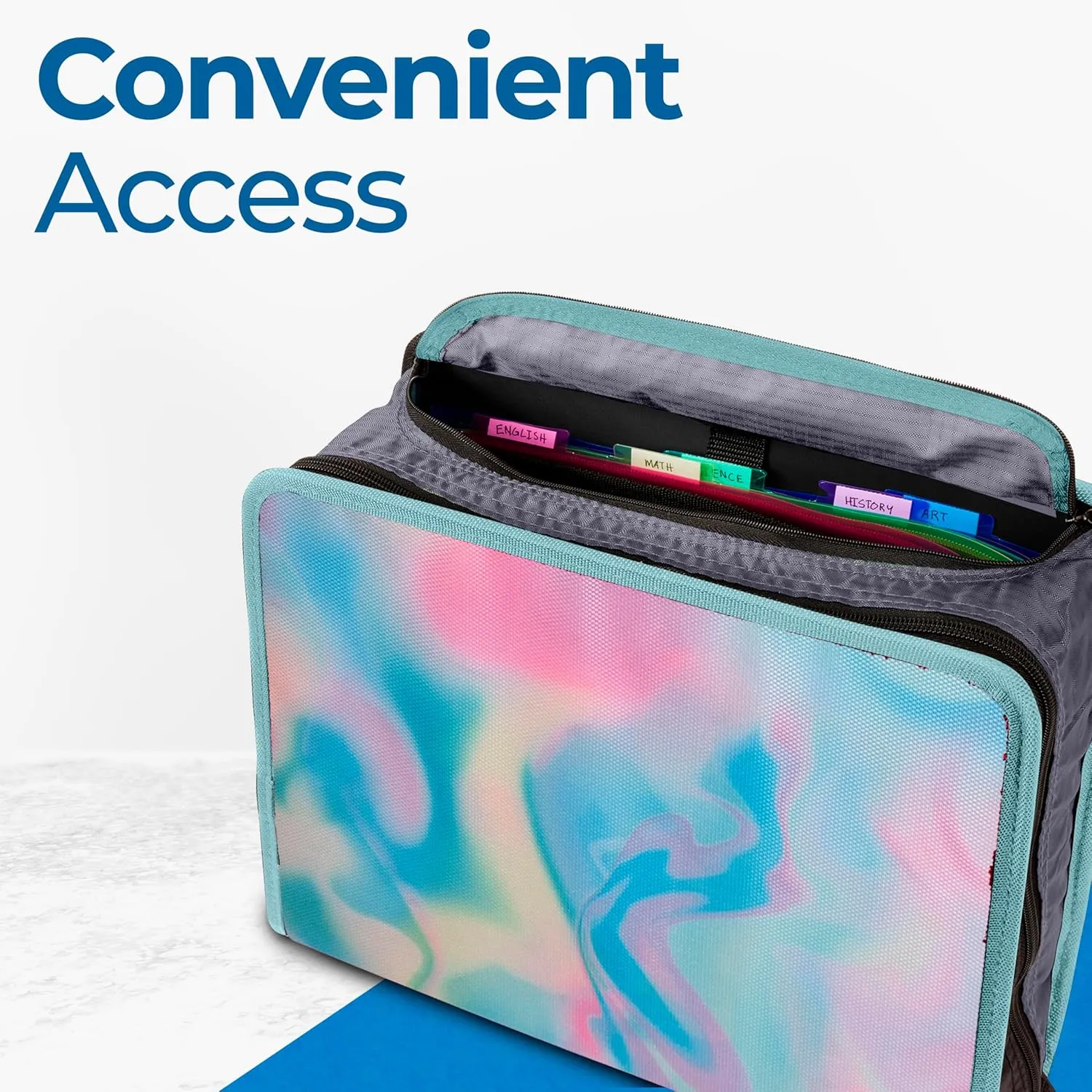 Case-it The Mighty Zip Tab Zipper Binder - 3 Inch O-Rings - 5 Color Tab Expanding File Folder - Multiple Pockets - 600 Sheet Capacity - Comes with Shoulder Strap - Aqua Iridescent Pastel D-146-P
