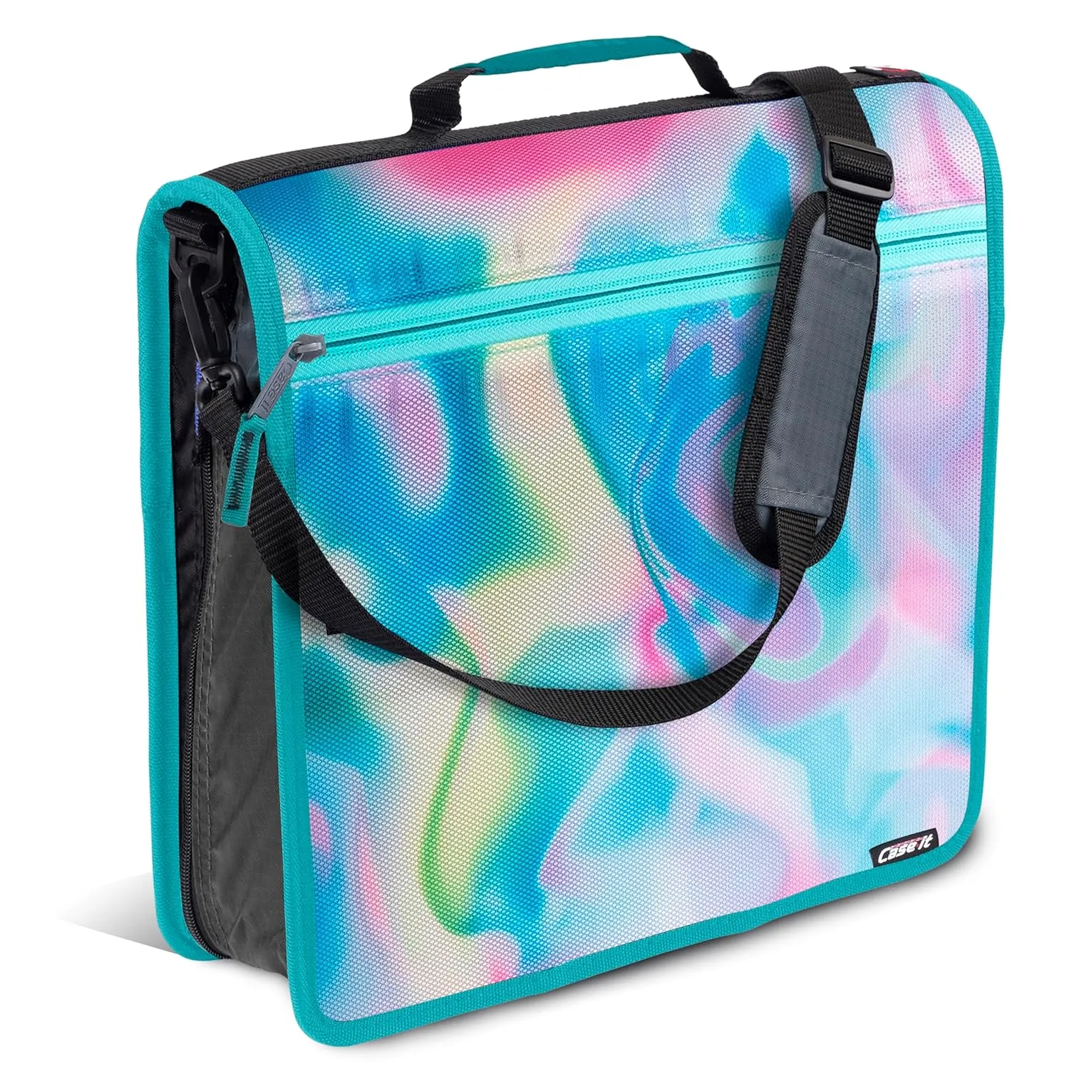 Case-it The Mighty Zip Tab Zipper Binder - 3 Inch O-Rings - 5 Color Tab Expanding File Folder - Multiple Pockets - 600 Sheet Capacity - Comes with Shoulder Strap - Aqua Iridescent Pastel D-146-P