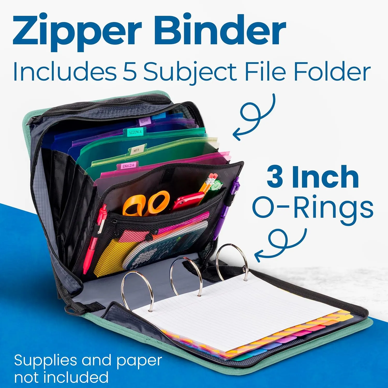Case-it The Print Mighty Zip Tab Zipper Binder - 3 Inch O-Rings - 5 Color Tab Expanding File Folder - Multiple Pockets - 600 Sheet Capacity - Comes with Shoulder Strap - Northern Lights D-146-P