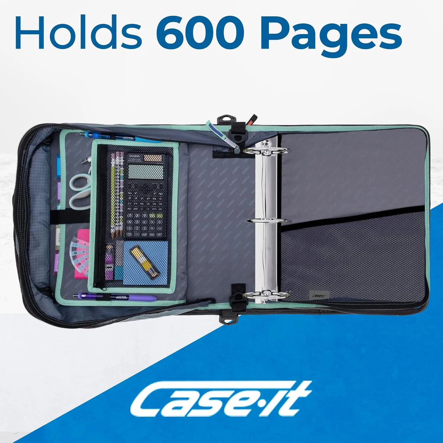 Case-it The Print Mighty Zip Tab Zipper Binder - 3 Inch O-Rings - 5 Color Tab Expanding File Folder - Multiple Pockets - 600 Sheet Capacity - Comes with Shoulder Strap - Northern Lights D-146-P
