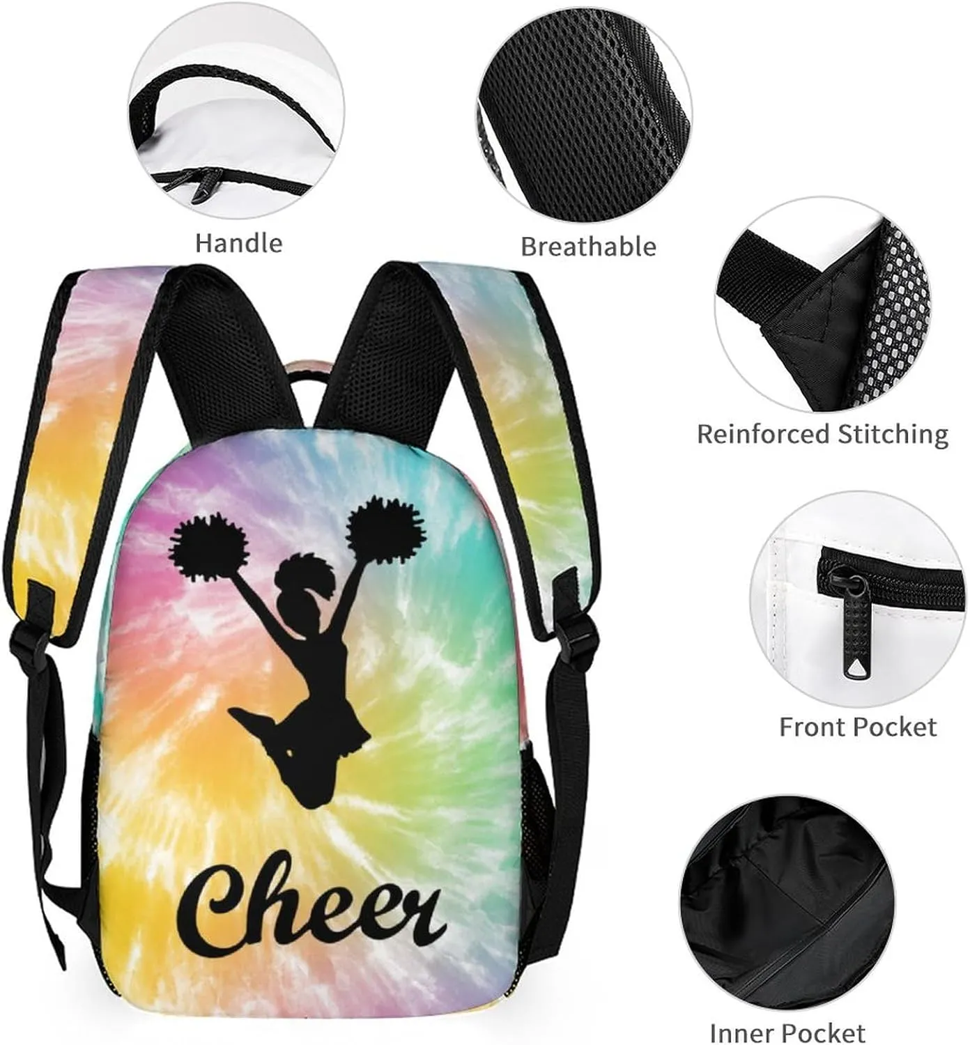 Cheerleading Backpack with Lunch Box & Pencil Case, 16 Inch Cute Cheer Themed Bookbag, Adjustable Lightweight Large Capacity, Colorful Daily Casual Backpacks Set with Lunch Bag