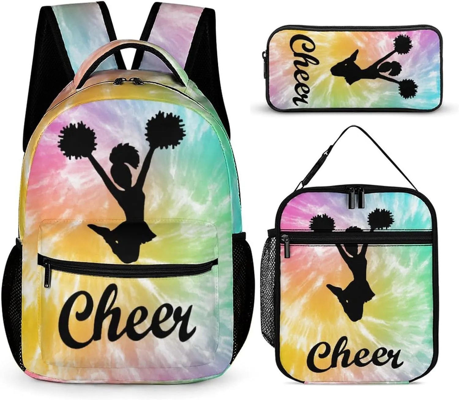 Cheerleading Backpack with Lunch Box & Pencil Case, 16 Inch Cute Cheer Themed Bookbag, Adjustable Lightweight Large Capacity, Colorful Daily Casual Backpacks Set with Lunch Bag