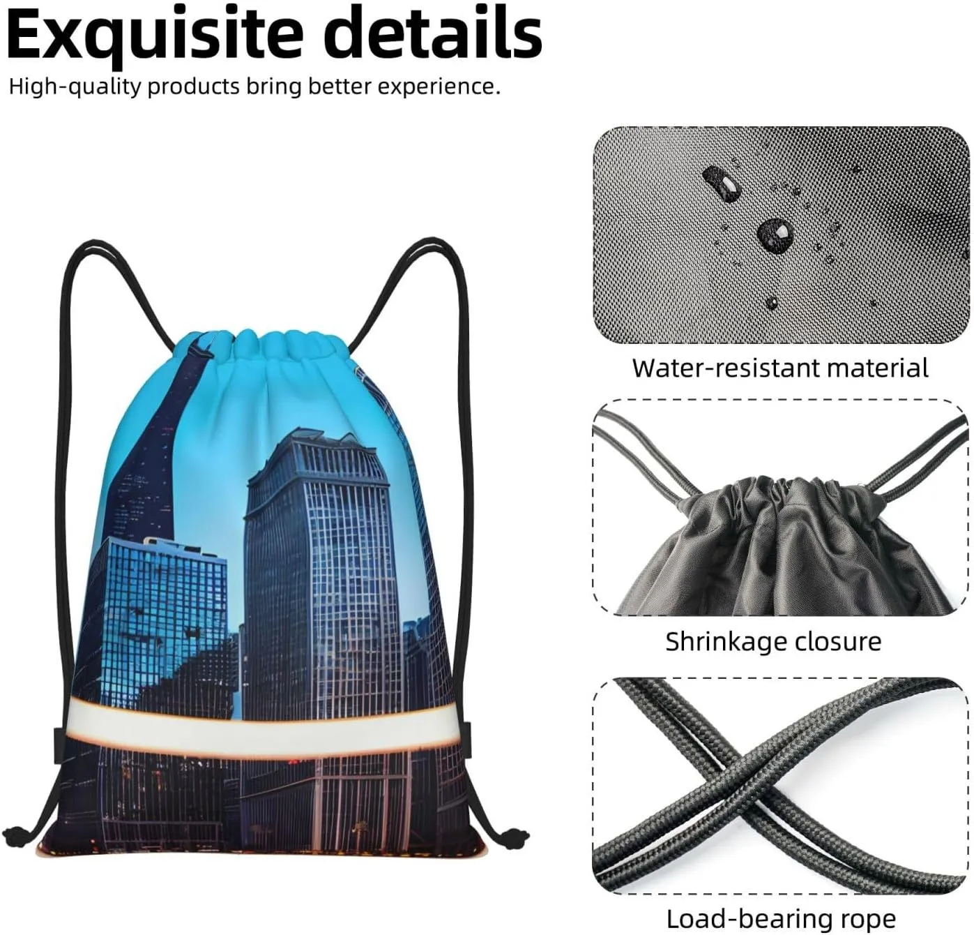 Chicago Reflect Print Drawstring Backpack Bag Sport Gym Sack Drawstring Bag String Beach Bag Yoga Bag