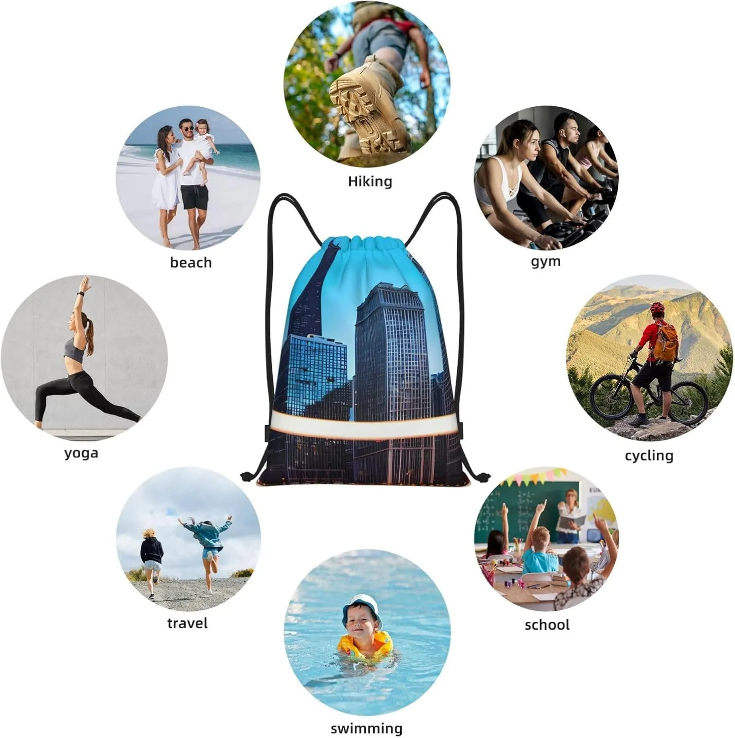 Chicago Reflect Print Drawstring Backpack Bag Sport Gym Sack Drawstring Bag String Beach Bag Yoga Bag