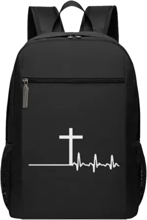 Christian Cross Heartbeat Travel Laptop Backpack, Business Anti Theft Slim Sturdy Laptops Backpacks, College Computer Bag Gift for Men & Women Fits 17 Inch Notebook,Black