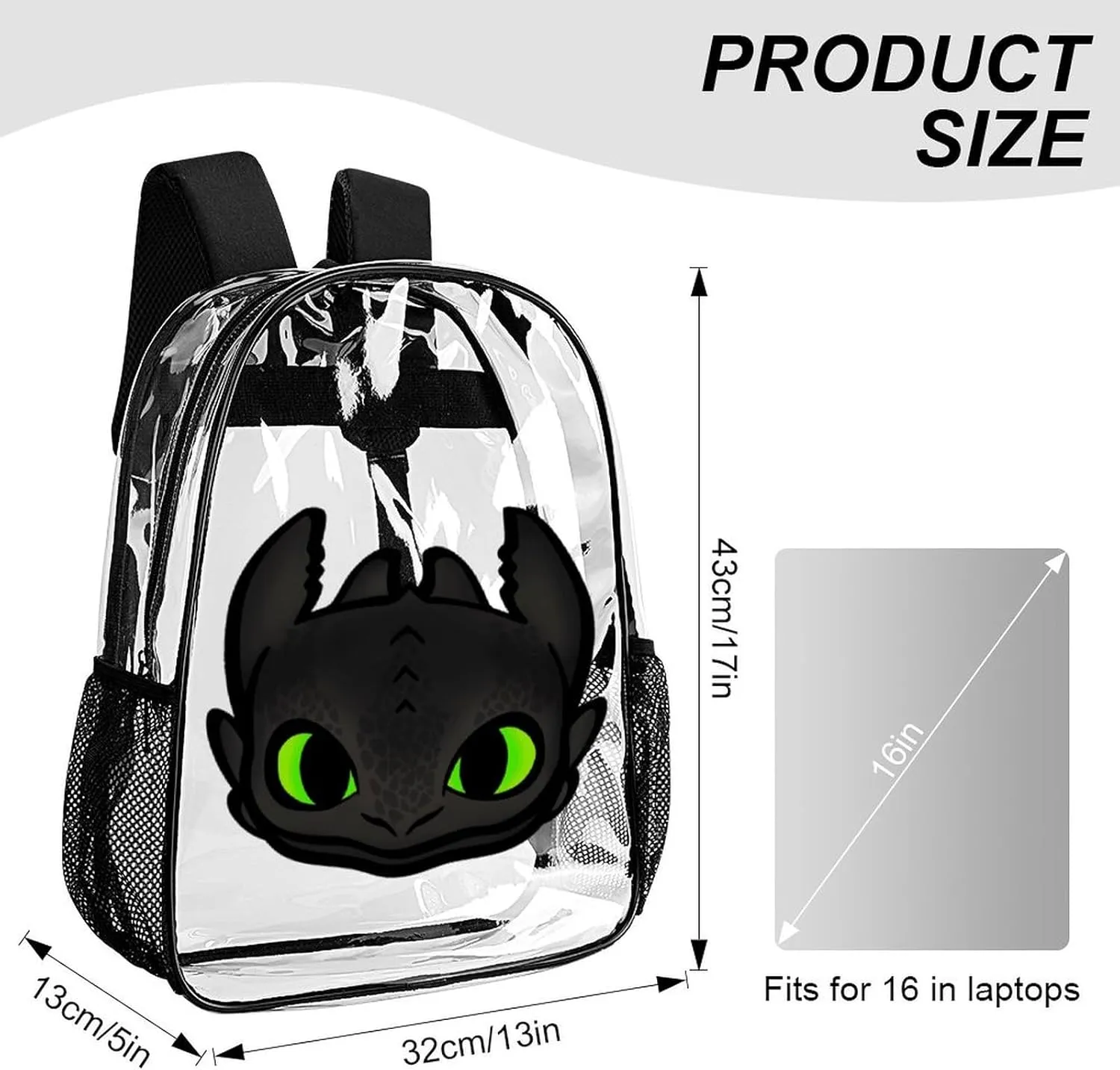 Clear Backpack Heavy Duty PVC Transparent Cartoon Dragon Backpack 17" Large Capacity See Through Bag for Travel
