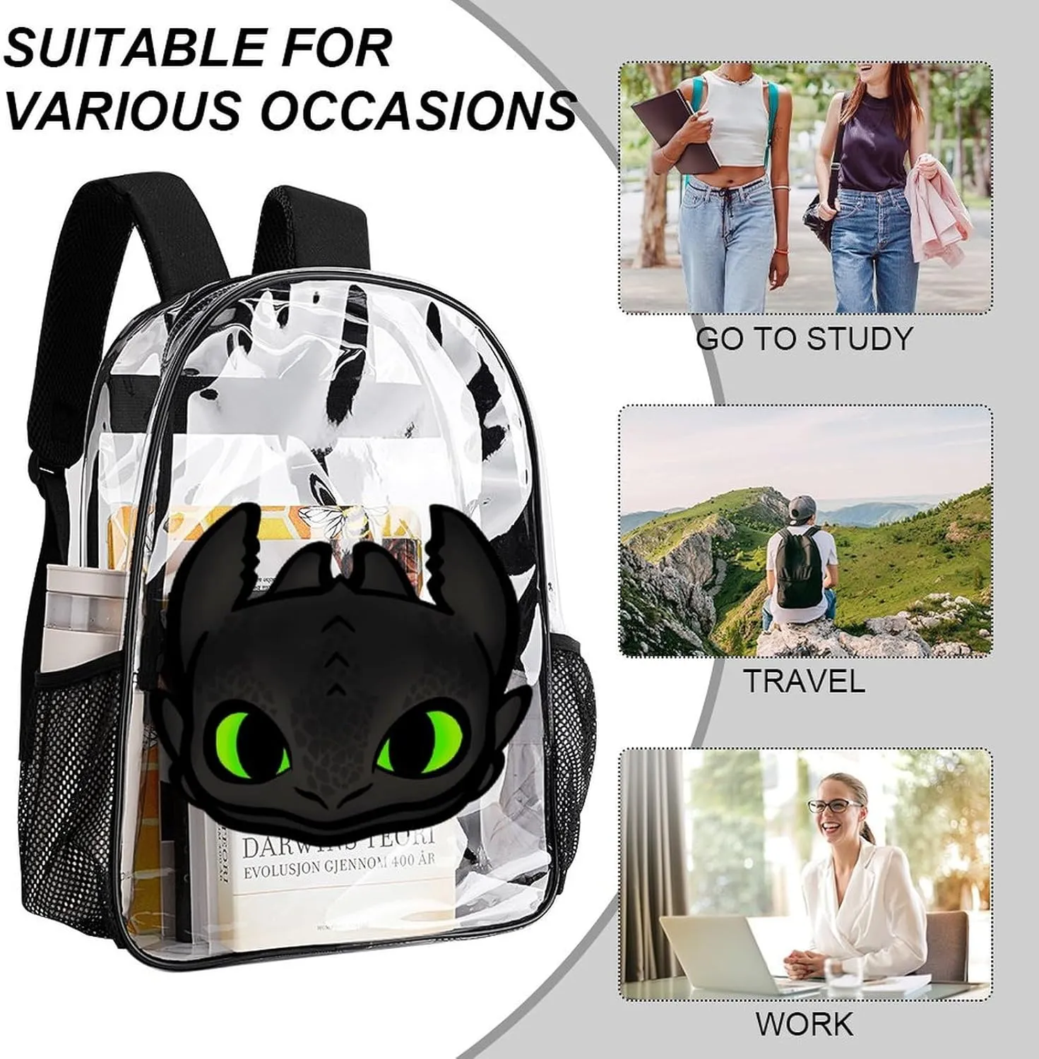 Clear Backpack Heavy Duty PVC Transparent Cartoon Dragon Backpack 17" Large Capacity See Through Bag for Travel