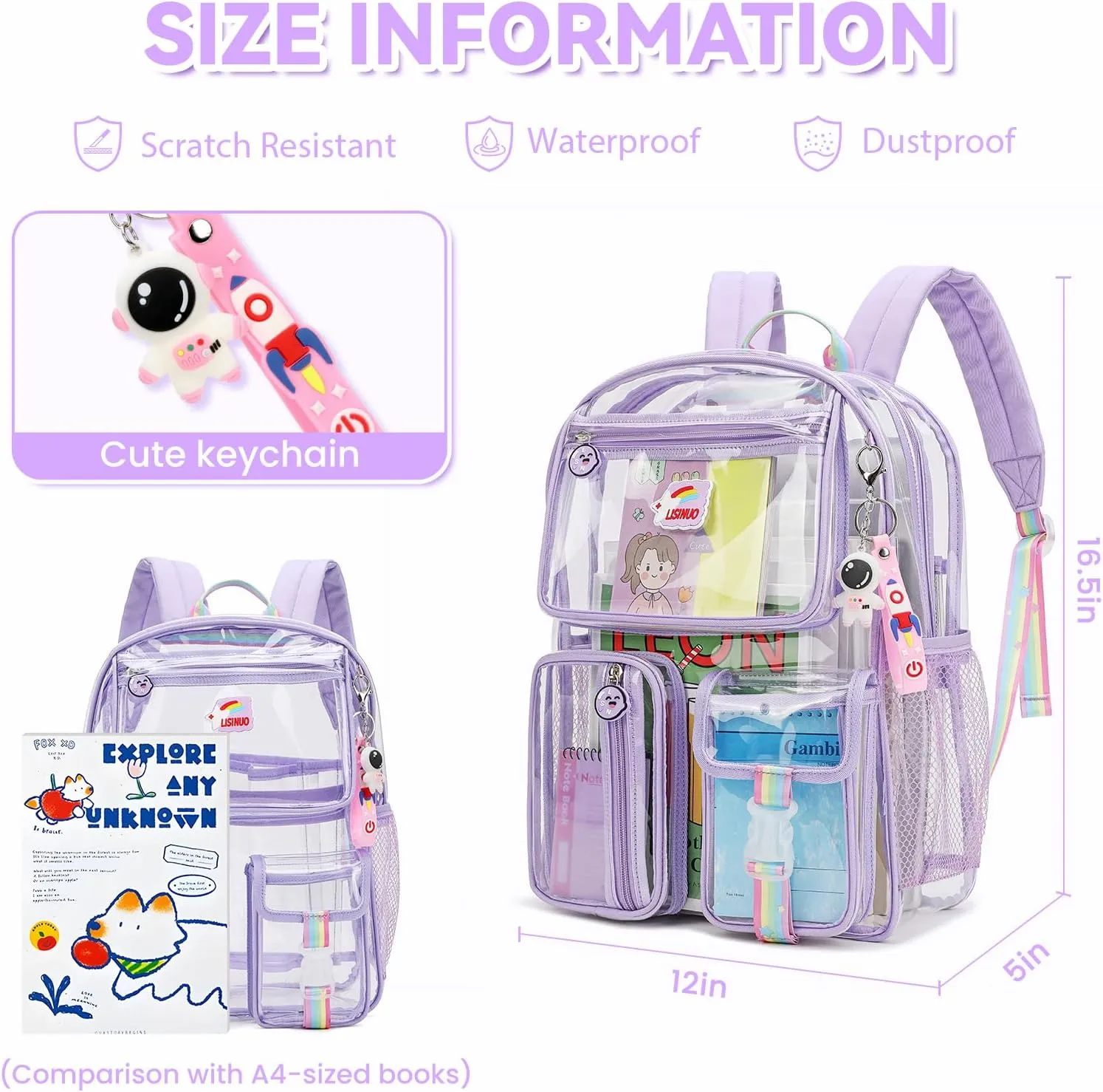 Clear Backpack Heavy Duty,Transparent Backpacks for School,Girls bookbag Stadium Approved,With Keychain((Purple)