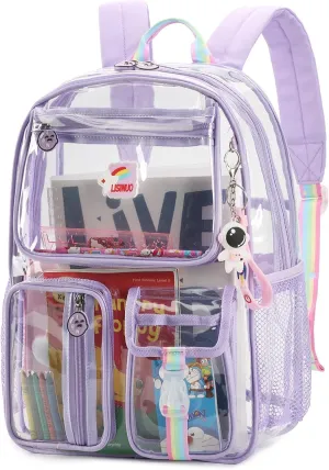 Clear Backpack Heavy Duty,Transparent Backpacks for School,Girls bookbag Stadium Approved,With Keychain((Purple)
