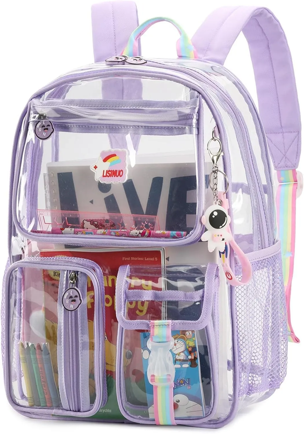 Clear Backpack Heavy Duty,Transparent Backpacks for School,Girls bookbag Stadium Approved,With Keychain((Purple)