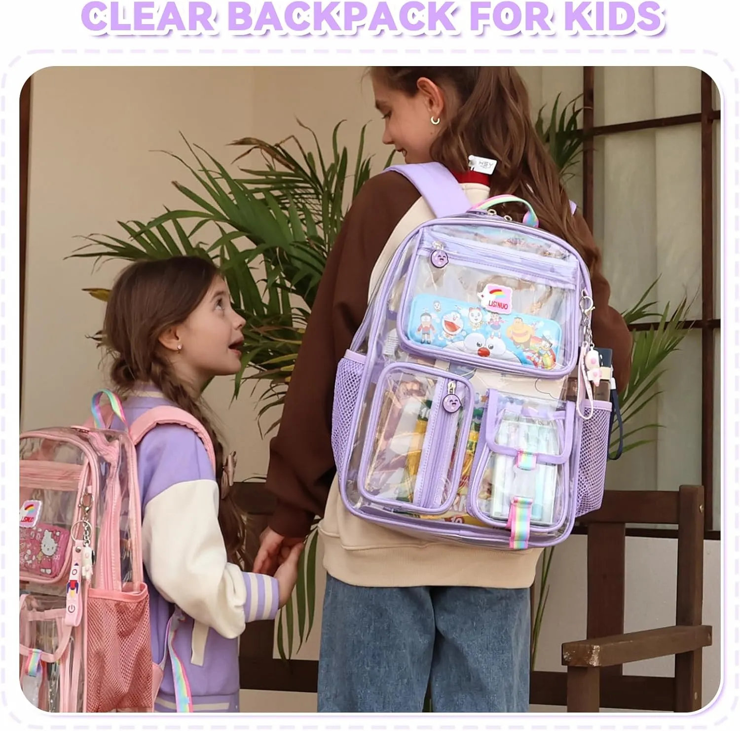 Clear Backpack Heavy Duty,Transparent Backpacks for School,Girls bookbag Stadium Approved,With Keychain((Purple)