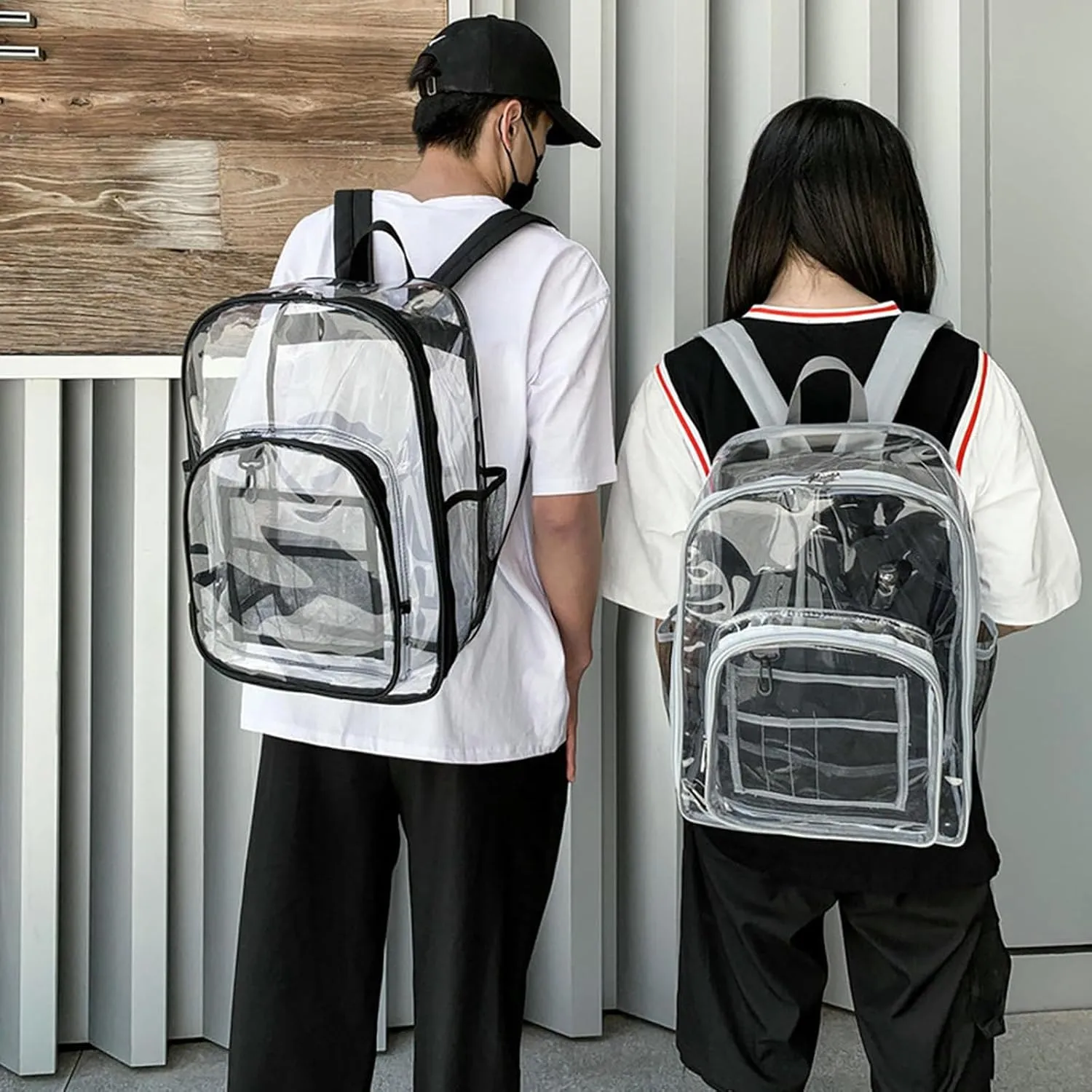 Clear Backpack PVC Shoulder Bag, Heavy Duty Transparent Rucksack See Through Bag for School Sports and Travel, Black, L