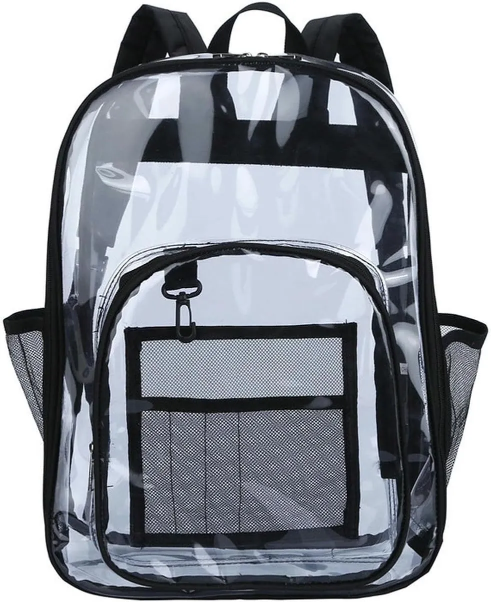 Clear Backpack PVC Shoulder Bag, Heavy Duty Transparent Rucksack See Through Bag for School Sports and Travel, Black, L