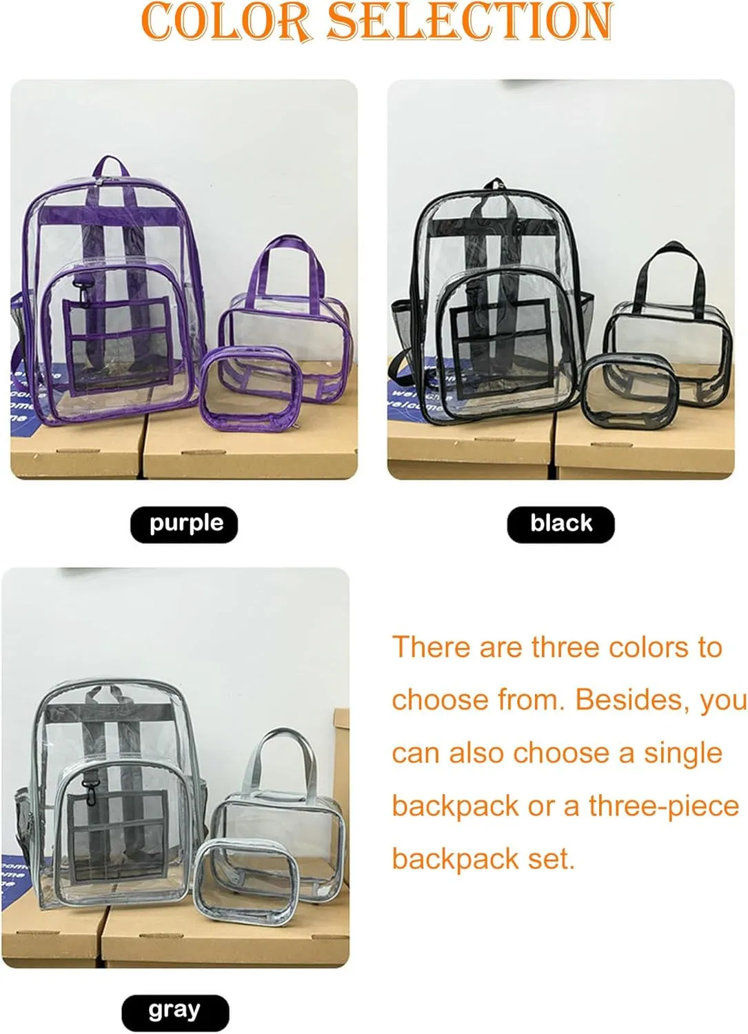 Clear Backpack PVC Shoulder Bag, Heavy Duty Transparent Rucksack See Through Bag for School Sports and Travel, Black, L