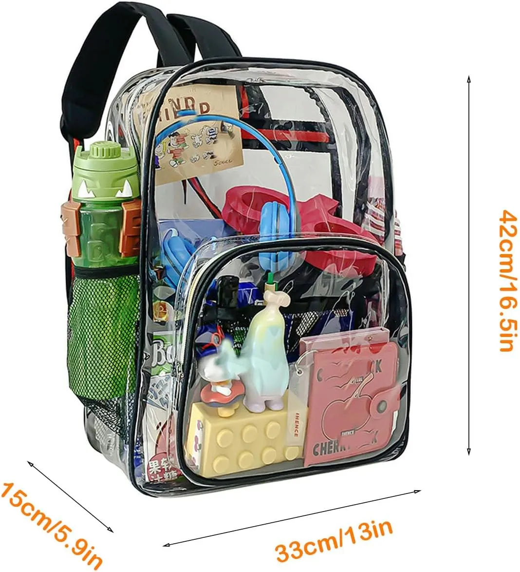 Clear Backpack PVC Shoulder Bag, Heavy Duty Transparent Rucksack See Through Bag for School Sports and Travel, Black, L