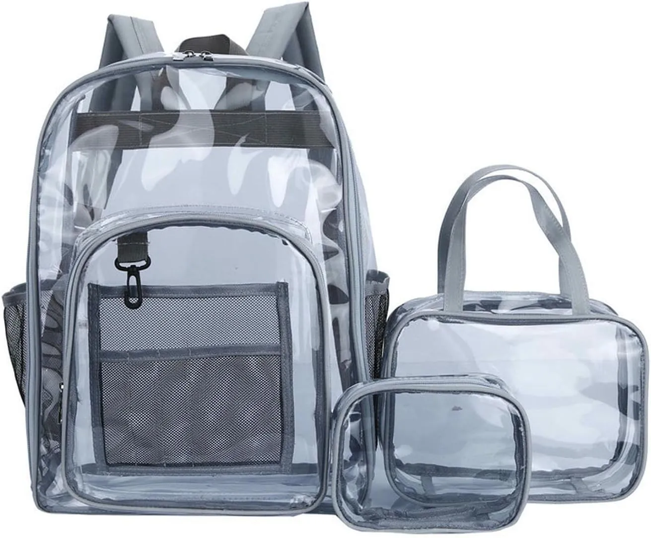 Clear Backpack PVC Shoulder Bag, Heavy Duty Transparent Rucksack See Through Bag for School Sports and Travel, Gray Three-piece Set, L