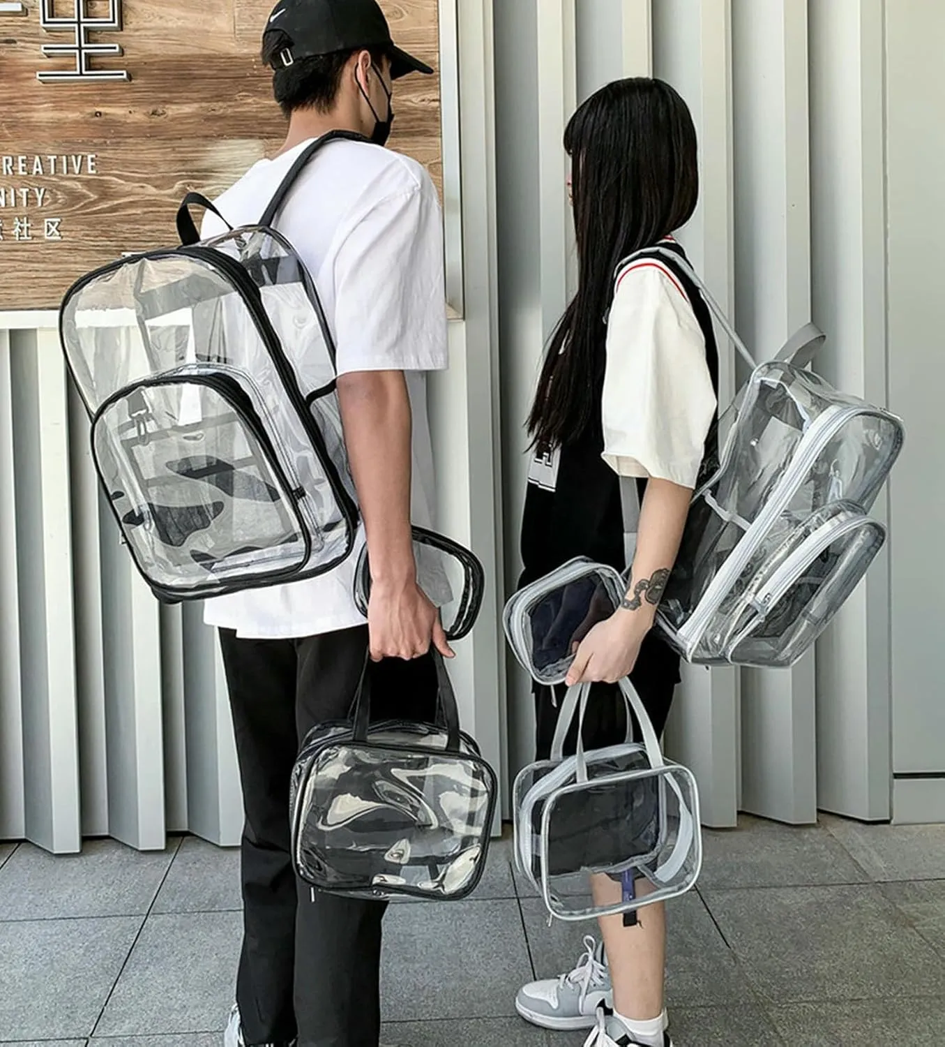 Clear Backpack PVC Shoulder Bag, Heavy Duty Transparent Rucksack See Through Bag for School Sports and Travel, Gray Three-piece Set, L