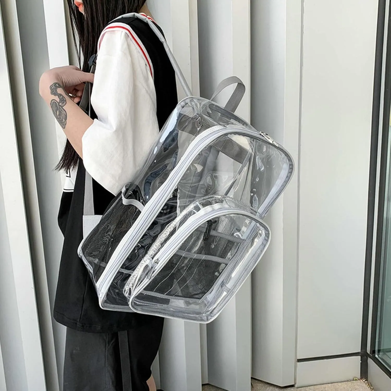 Clear Backpack PVC Shoulder Bag, Heavy Duty Transparent Rucksack See Through Bag for School Sports and Travel, Gray Three-piece Set, L