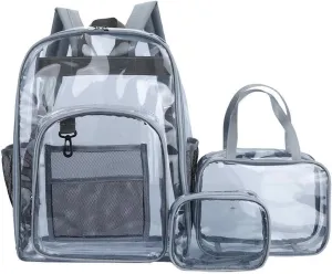 Clear Backpack PVC Shoulder Bag, Heavy Duty Transparent Rucksack See Through Bag for School Sports and Travel, Gray Three-piece Set, L