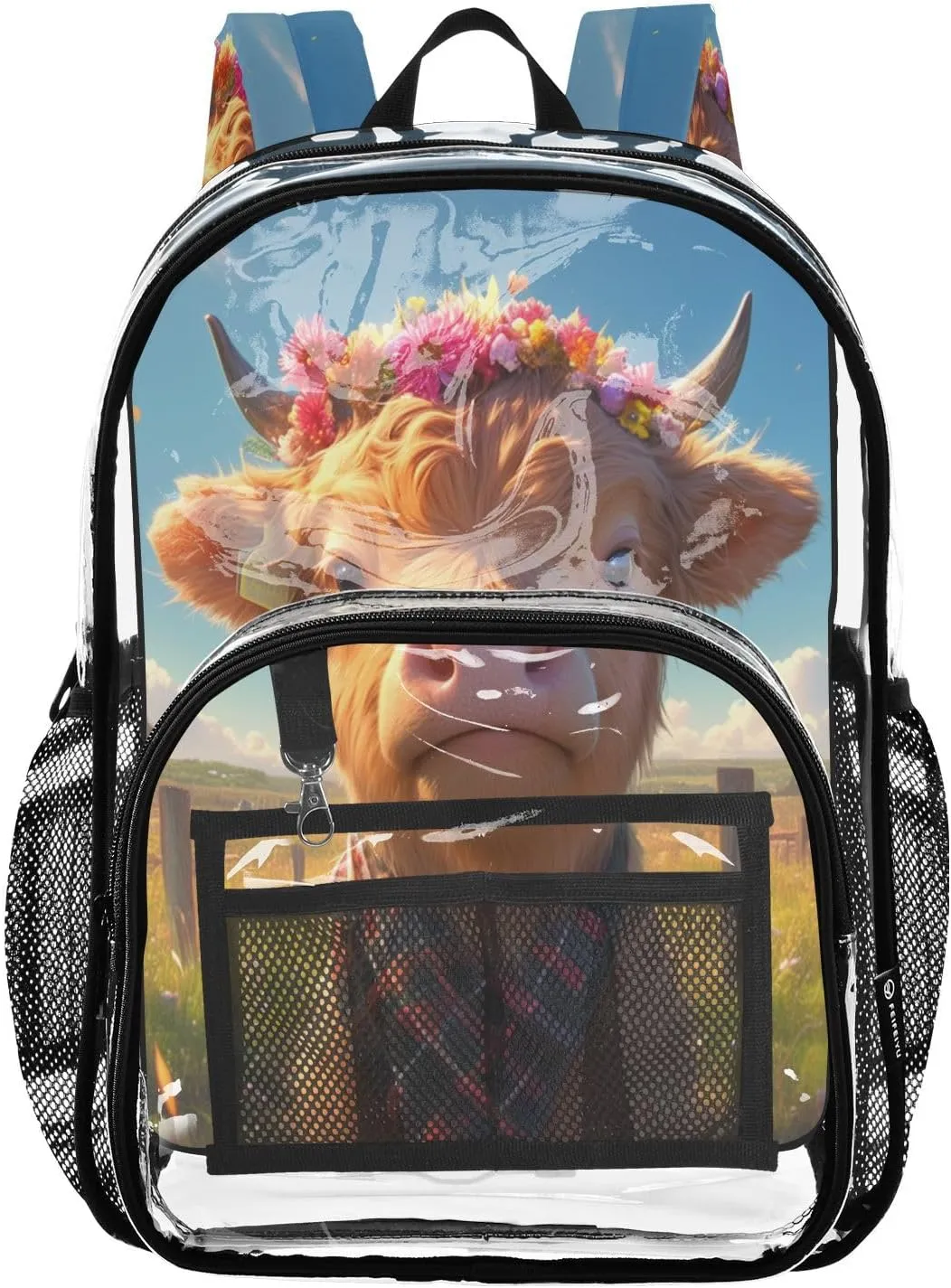 Clear Kid Backpack Kid Clear Backpack For Teen Girls Transparent Seethrough Heavy Duty Bags A Highland Calf with A Flower Crown Standing in A Grassy Field