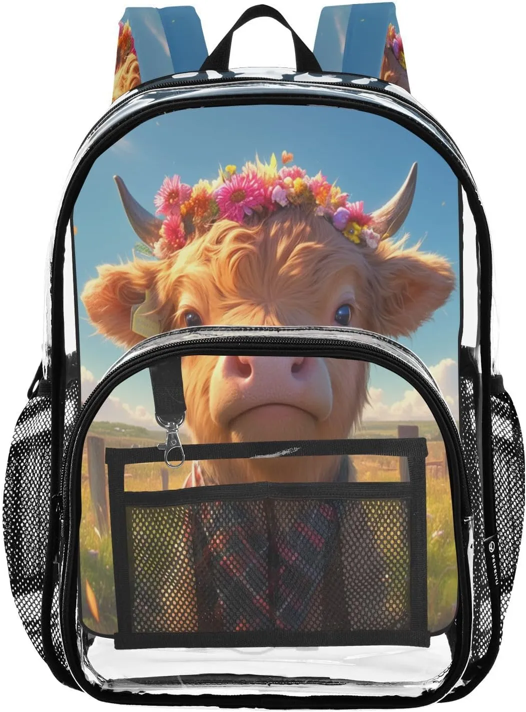 Clear Kid Backpack Kid Clear Backpack For Teen Girls Transparent Seethrough Heavy Duty Bags A Highland Calf with A Flower Crown Standing in A Grassy Field