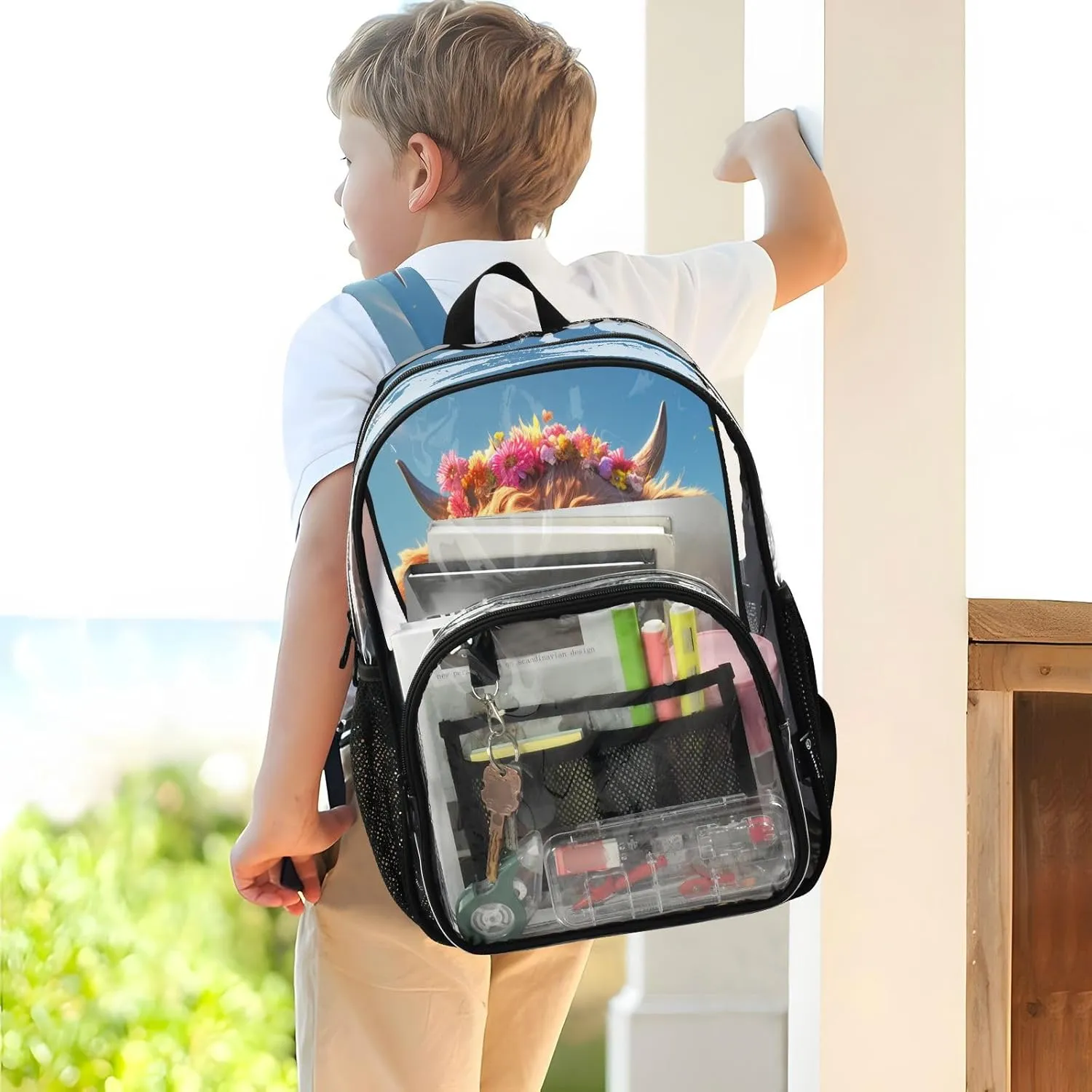 Clear Kid Backpack Kid Clear Backpack For Teen Girls Transparent Seethrough Heavy Duty Bags A Highland Calf with A Flower Crown Standing in A Grassy Field