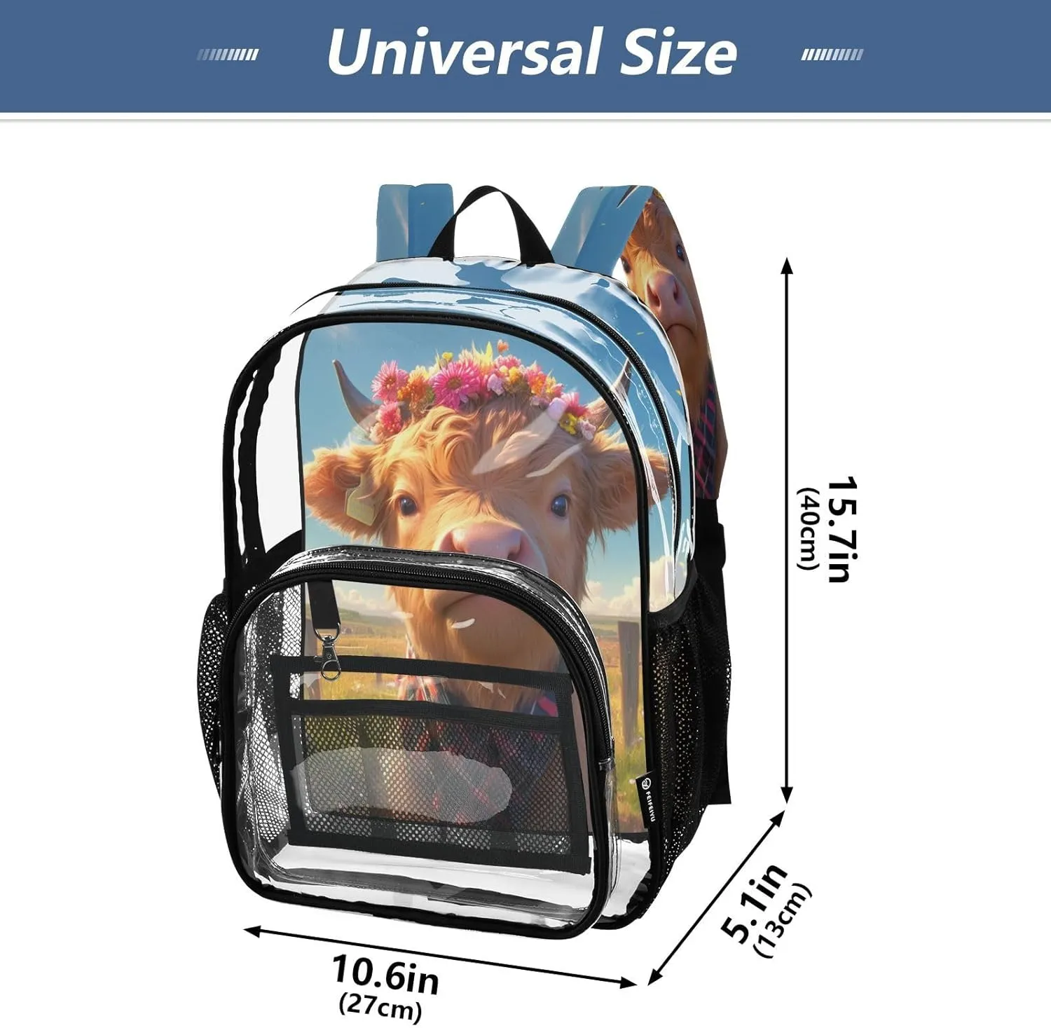 Clear Kid Backpack Kid Clear Backpack For Teen Girls Transparent Seethrough Heavy Duty Bags A Highland Calf with A Flower Crown Standing in A Grassy Field