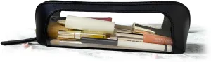 Clear Makeup Brush Bag Case,Leather Travel Make up Brush Holder, Portable MakeupBrush Case, Make Up Brush Pouch for Makeup Tools, Cosmetic Organizer with Zipper (Black)