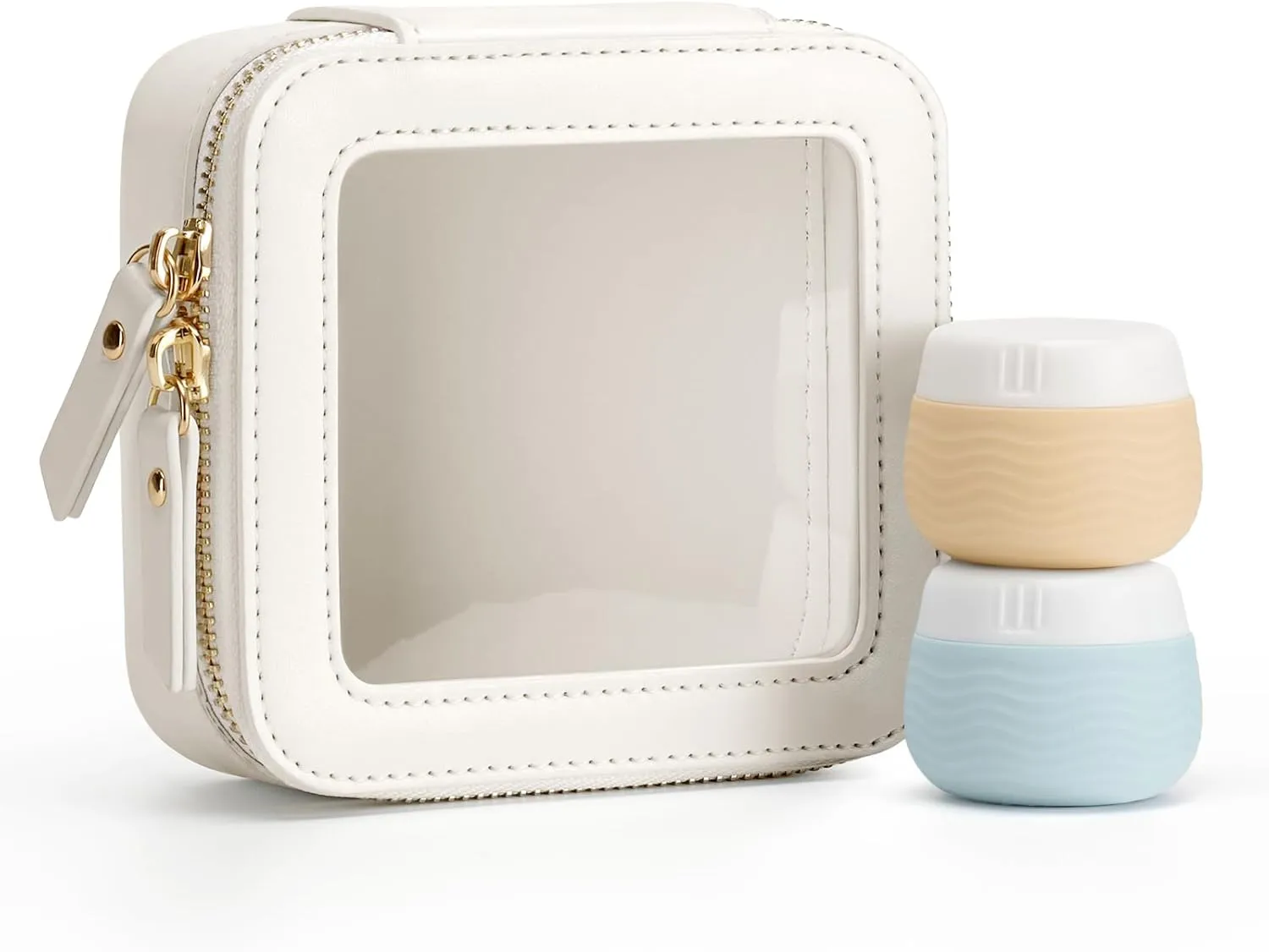 Clear Mini Makeup Bag with 2 Travel Silicone Cream Jars, Clear Cosmetic Bags Travel Toiletry Bag, Travel Makeup Bag Pouch Purse Car Essentials for Women