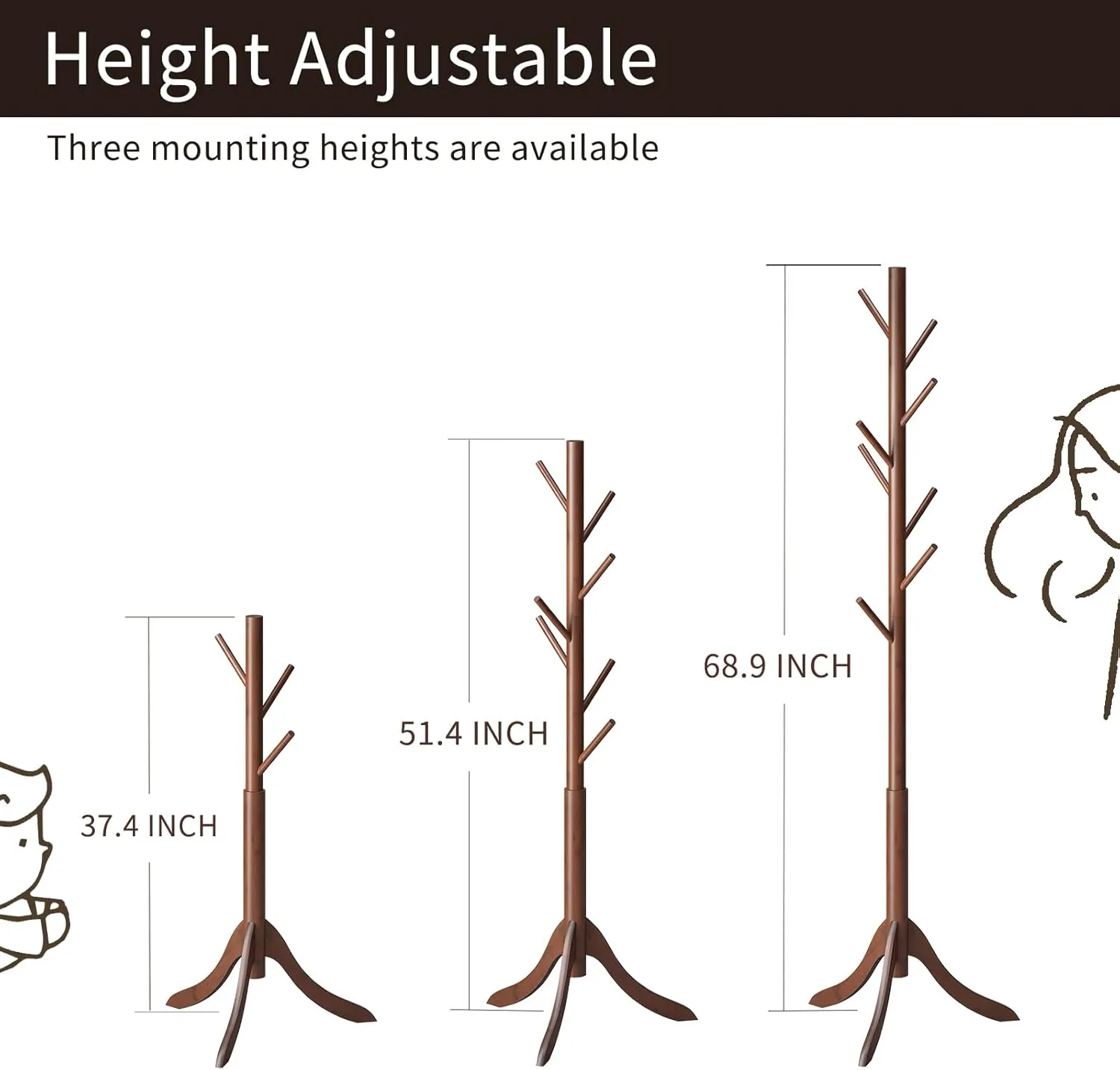 Coat Rack Freestanding, Coat Stands Entryway, Bamboo Coat Rack Hat Hanger 8 Hook for Jacket, Purse, Scarf Rack, Umbrella Tree Stand (Brown)