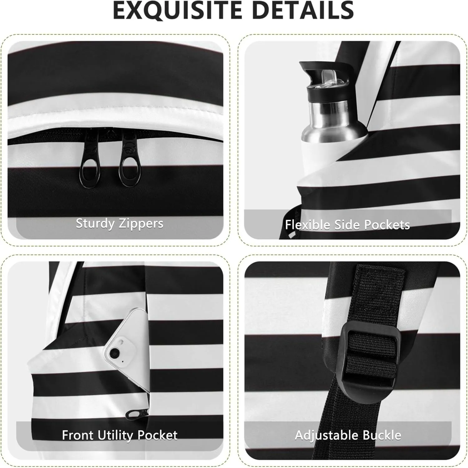 Colorful Casual Womens Daypack Cute Backpack Black White Stripes Cool Gifts for College Students