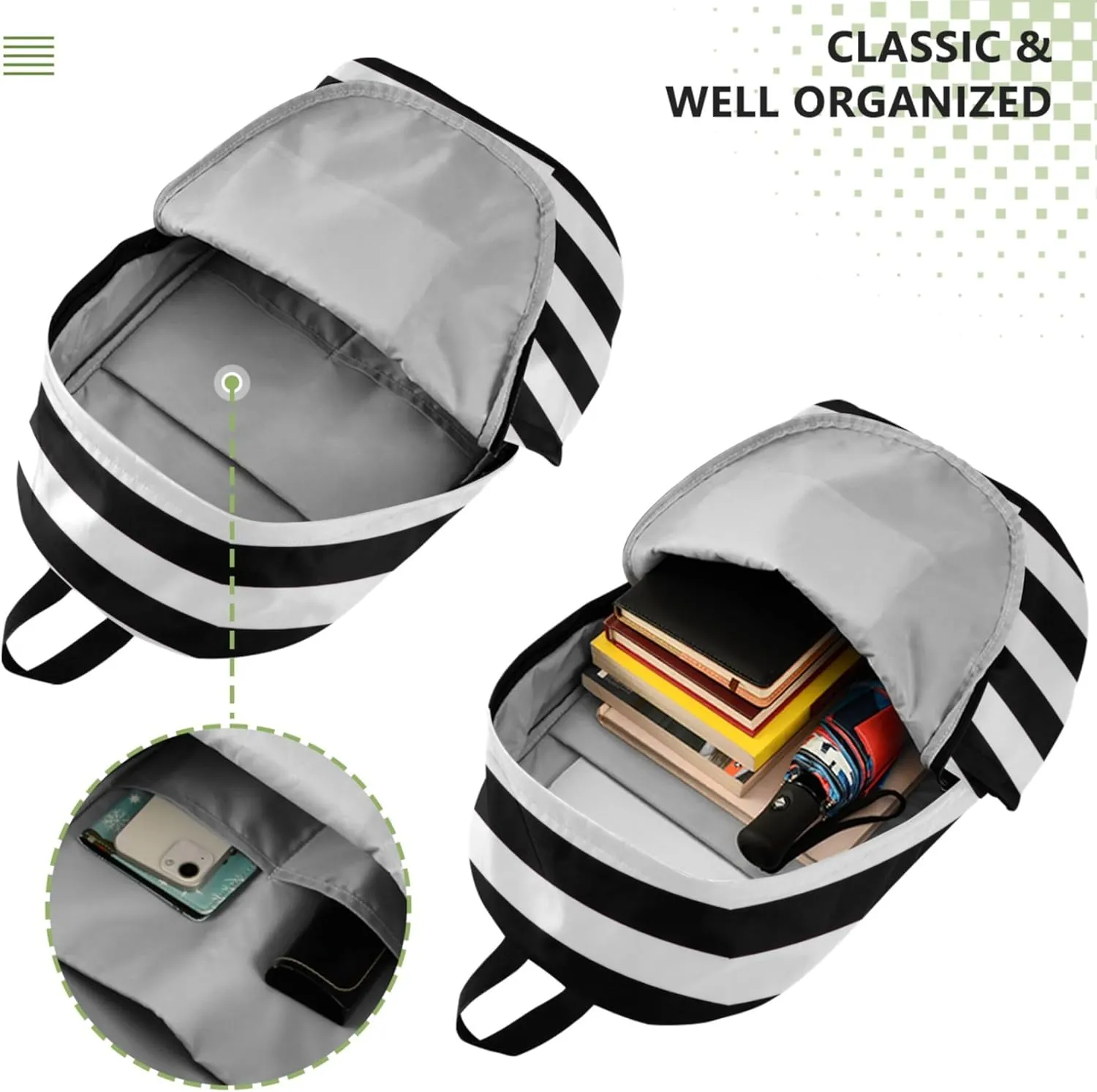 Colorful Casual Womens Daypack Cute Backpack Black White Stripes Cool Gifts for College Students