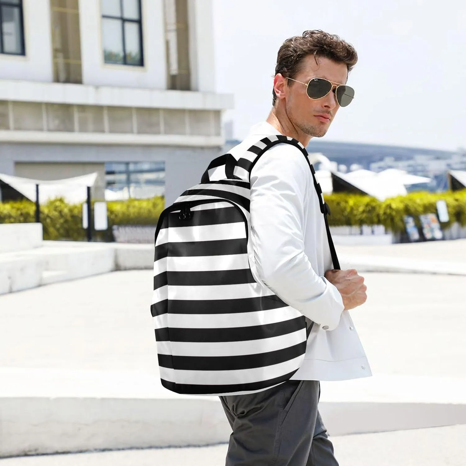 Colorful Casual Womens Daypack Cute Backpack Black White Stripes Cool Gifts for College Students