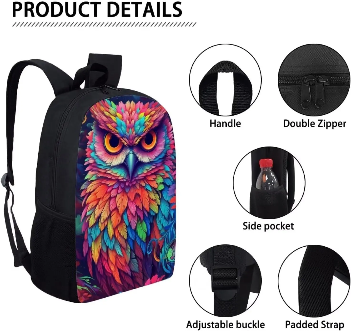 Colorful Cool Owl Cool Animal Backpack School Backpacks Preschool Book Bag Cute School Bags for Kids Boys Girls Travel Daypack