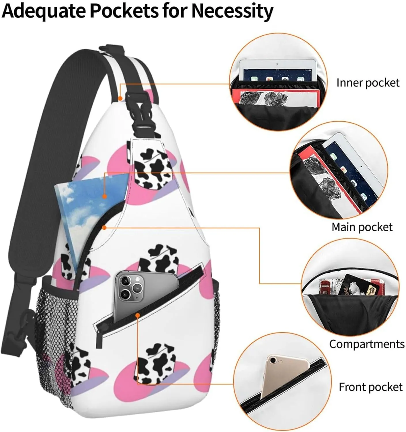 Colorful Cow Pattern Sling Bag Casual Chest Bags Adjustable Crossbody Bag Shoulder Backpack For Travel Hiking