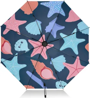 Compact Umbrella, Umbrella for Rain and Wind, Automatic Open/close, Compact Size for Women Backpacks/Handbags, Cute Starfish Shells Blue