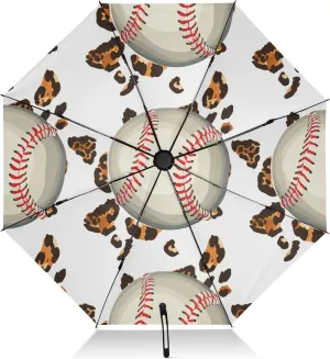 Compact Umbrella, Umbrella Strong Windproof, Automatic Open/close, Compact Size for Women Backpacks/Handbags, Baseballs Leopard Print
