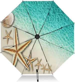 Compact Umbrella, Umbrella Strong Windproof, Automatic Open/close, Compact Size for Women Backpacks/Handbags, Beach Starfish Teal