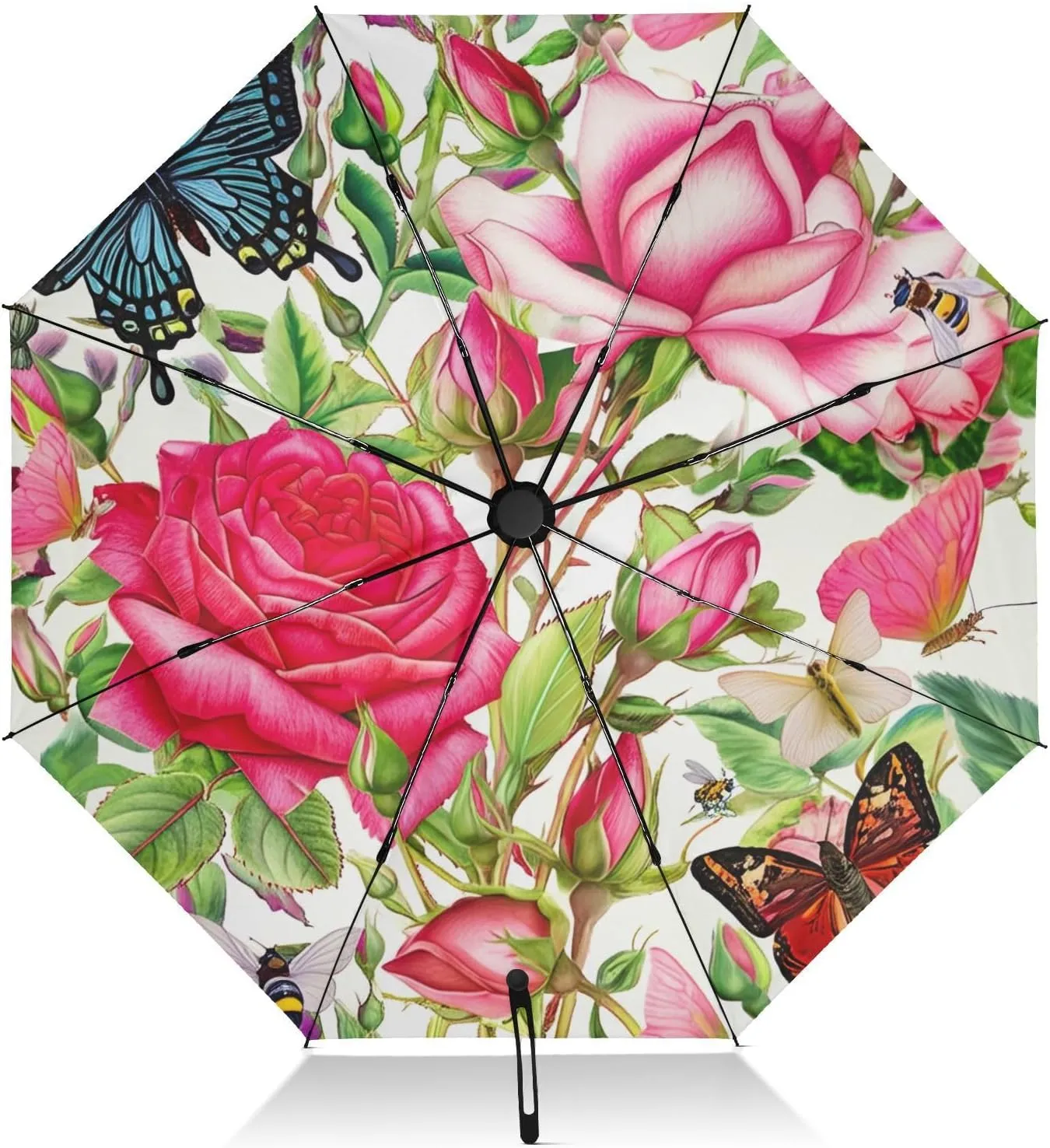 Compact Umbrella, Umbrella Strong Windproof, Automatic Open/close, Compact Size for Women Backpacks/Handbags, Botanical Roses Butterflies Retro