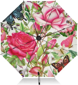 Compact Umbrella, Umbrella Strong Windproof, Automatic Open/close, Compact Size for Women Backpacks/Handbags, Botanical Roses Butterflies Retro